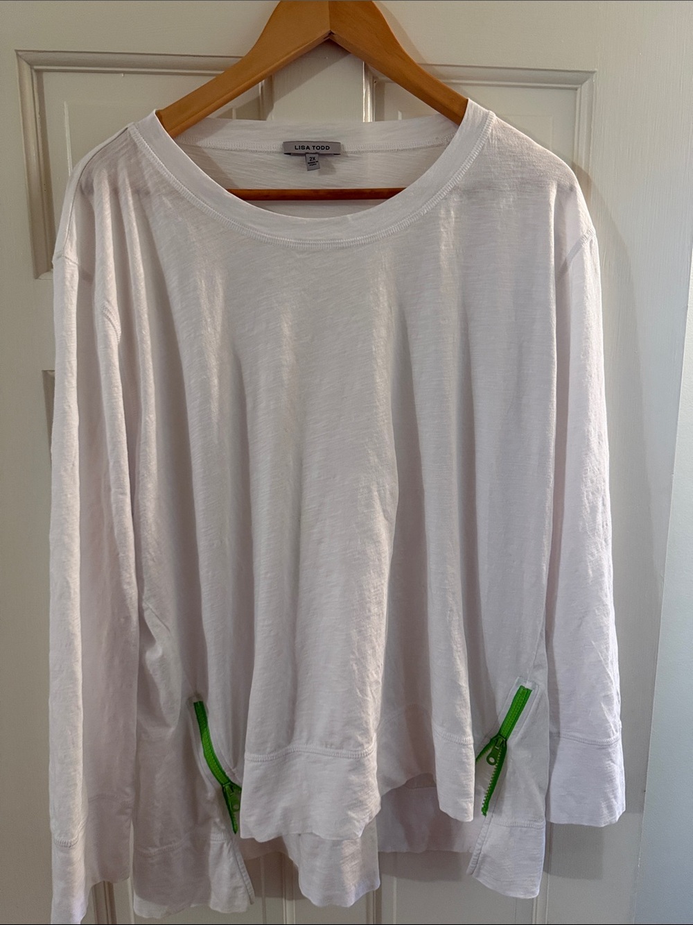 Lisa Todd White Long Sleeve Tee with Green Zipper Accents